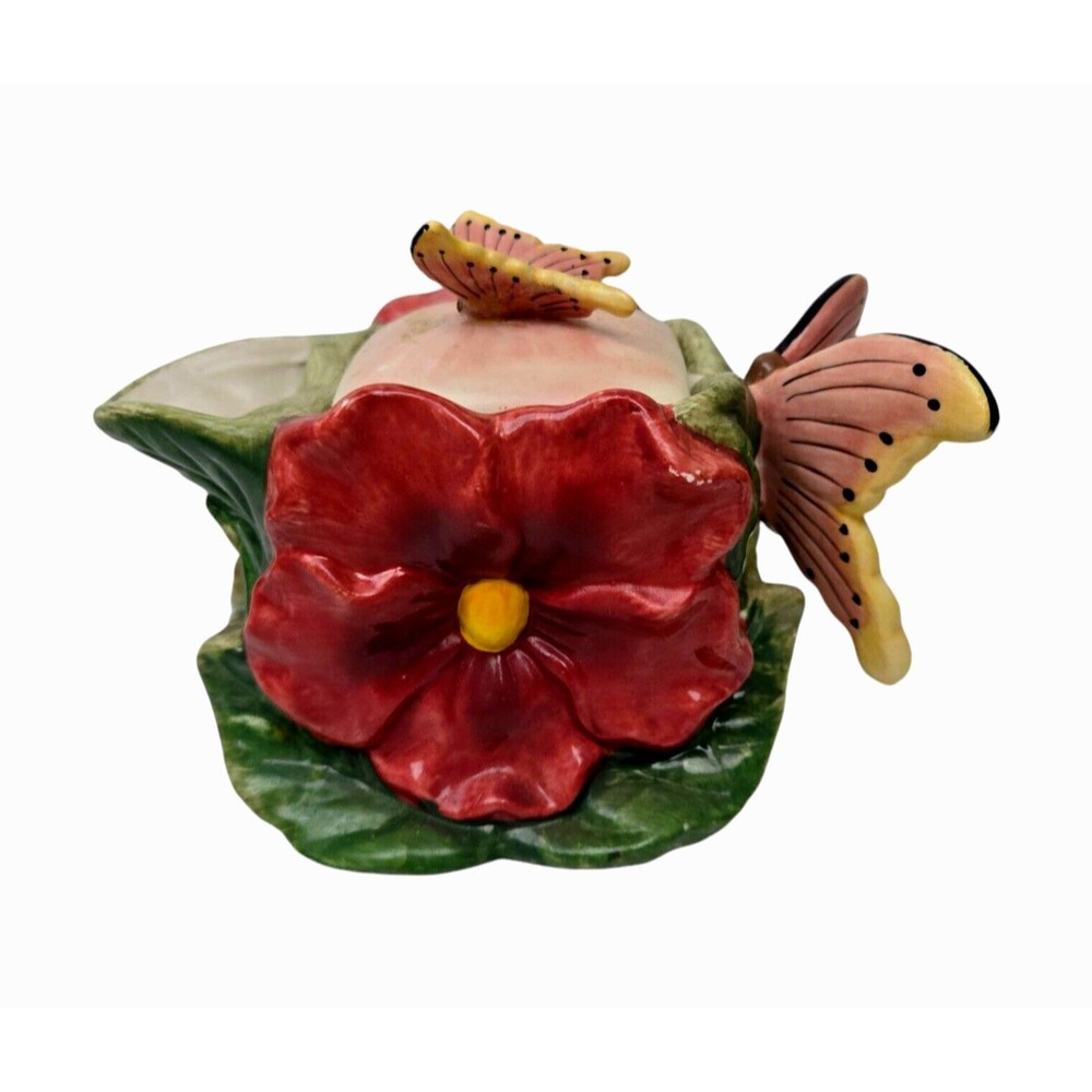 Pansy Flower & Butterfly Decorative Teapot Butterfly Handles 3D Ceramic Pottery